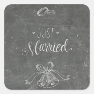Just Married Chalkboard Weddings Rings and Bells Square Sticker