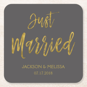 Just Married Charcoal Grey and Gold Foil Coasters