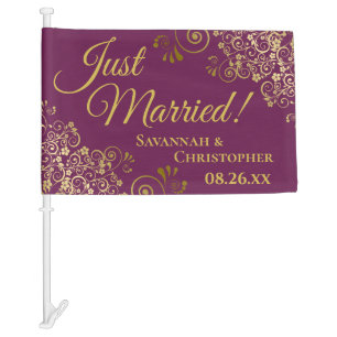 Just Married! Chic Gold Curls Magenta Newlyweds Car Flag