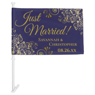 Just Married! Chic Gold Frills Navy Blue Newlyweds Car Flag