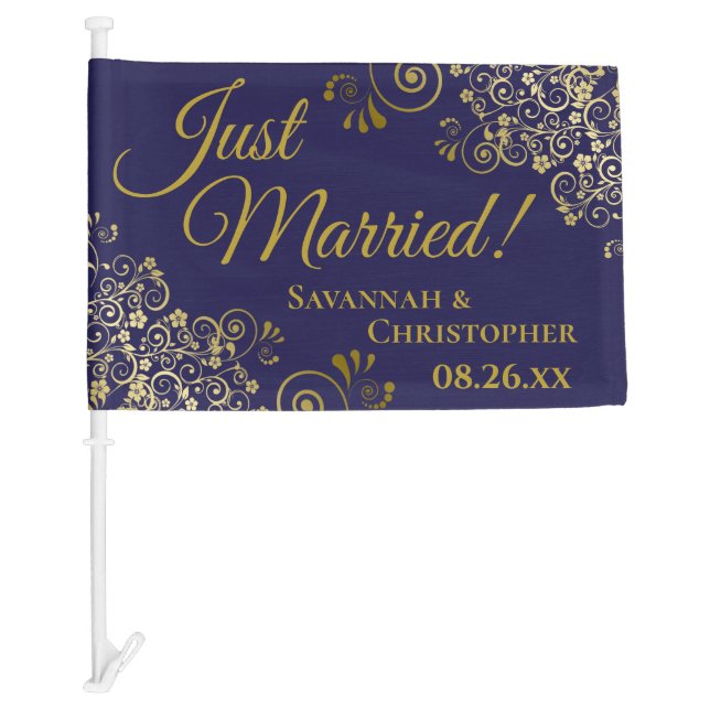 Just Married! Chic Gold Frills Navy Blue Newlyweds Car Flag (Front)
