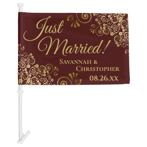 Just Married Chic Gold Frills on Auburn Newlyweds Car Flag