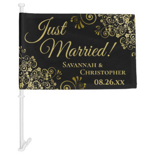 Just Married! Chic Gold Frills on Black Newlyweds Car Flag