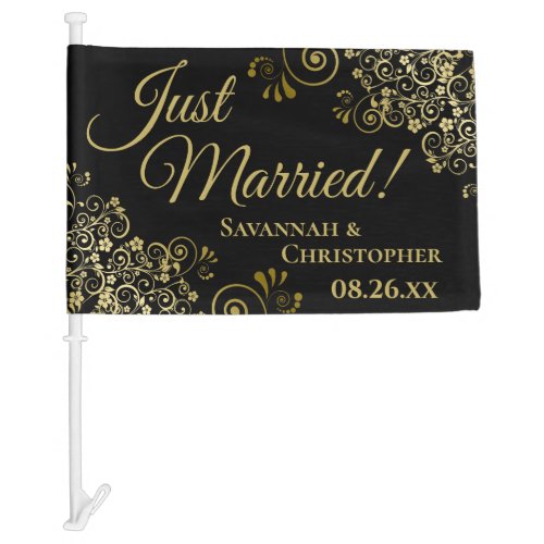 Just Married Chic Gold Frills on Black Newlyweds Car Flag