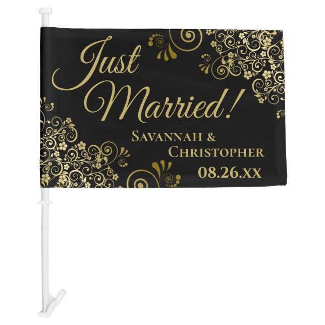Just Married! Chic Gold Frills on Black Newlyweds Car Flag (Front)