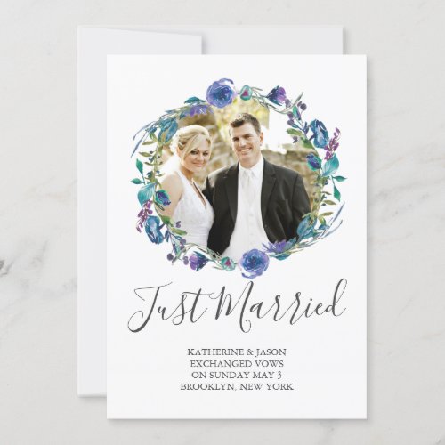 Just Married Chic Purple Floral Photo Wedding Announcement