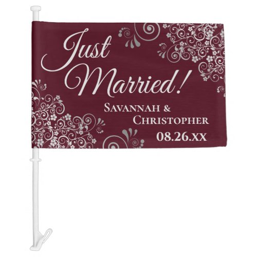 Just Married Chic Silver Frills Burgundy Newlyweds Car Flag