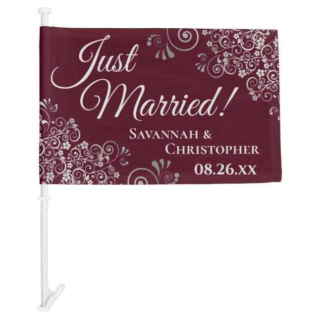 Just Married Chic Silver Frills Burgundy Newlyweds Car Flag (Front)