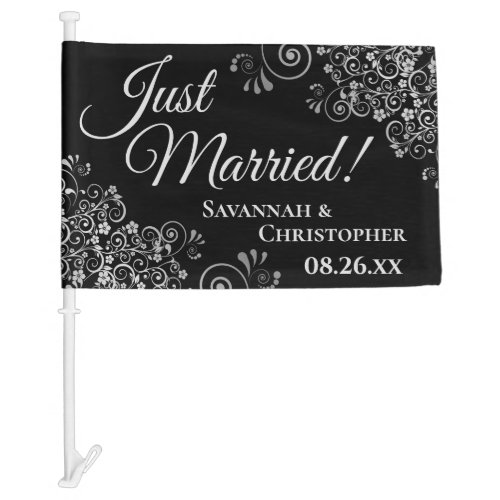 Just Married Chic Silver Frills on Black Newlyweds Car Flag