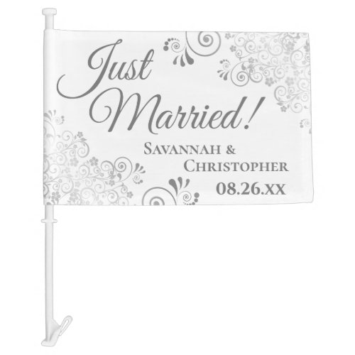 Just Married Chic Silver Frills on White Newlyweds Car Flag