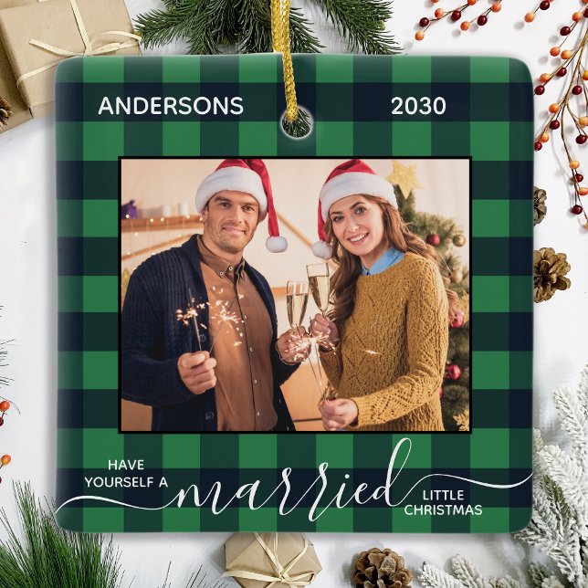 Just Married Christmas Green Plaid Newlywed Photo  Ceramic Ornament (Creator Uploaded)