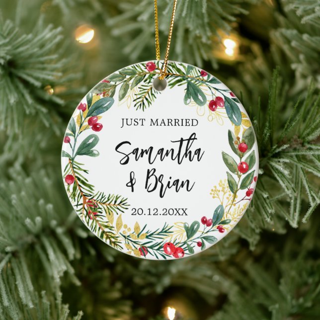 Just Married Christmas Wedding  Ceramic Ornament (Tree)