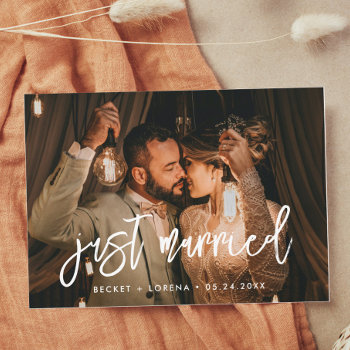 Just Married Contemporary Modern Wedding Photo Announcement by LemonBox at Zazzle