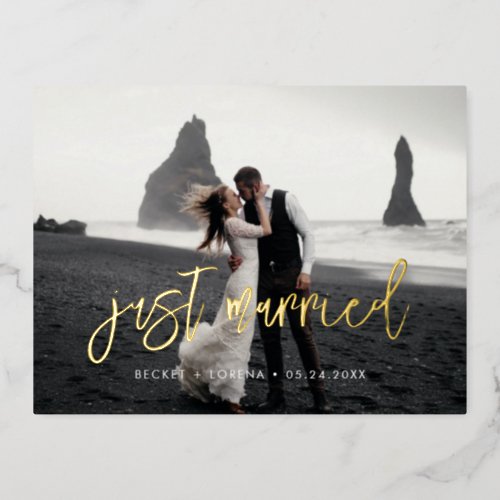 Just married Contemporary photo black and gold Foil Invitation Postcard