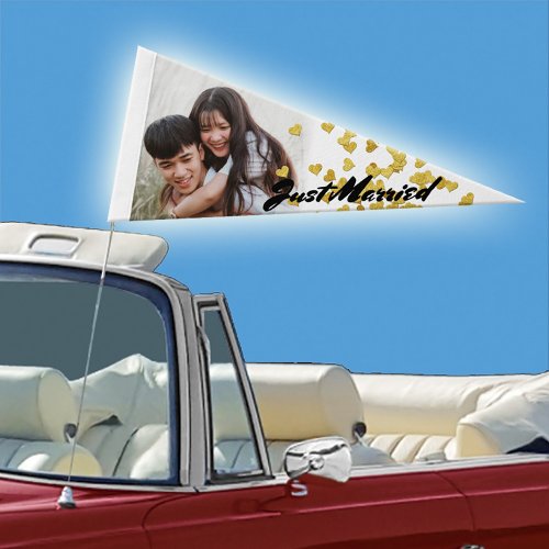 Just Married Couple Photo Gold Hearts Newlywed Car Pennant Flag