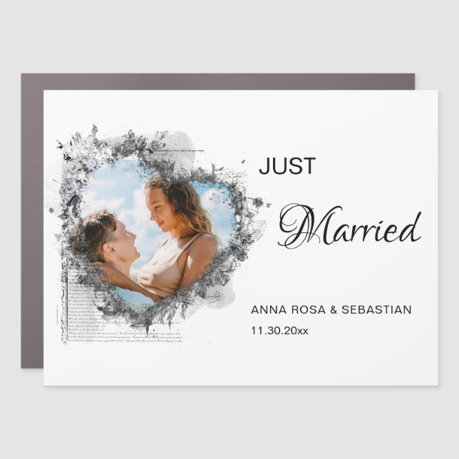 *~* JUST MARRIED Couple PHOTO Newly Wed Heart Car Magnet (Front)