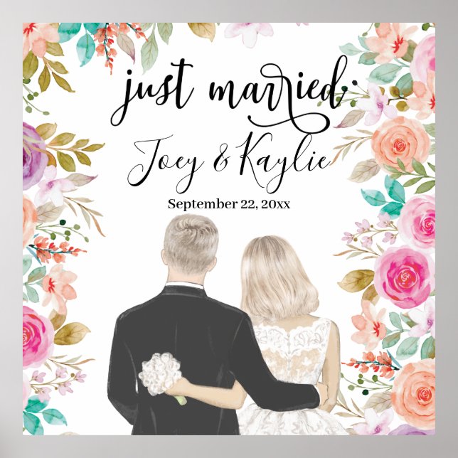 Just Married | Couples Back View Illustration Poster (Front)