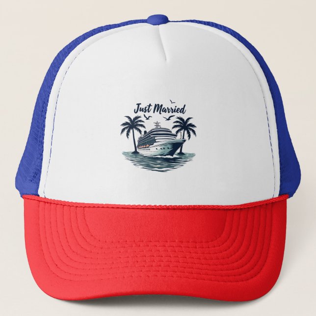 Just Married Cruising Summer Wedding Husband Wife Trucker Hat (Front)