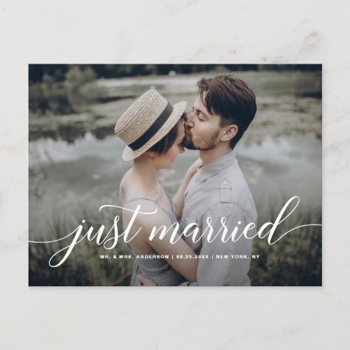 Just Married Cursive Script Overlay White Photo Announcement Postcard