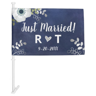 Just Married Custom Initials and Date Floral Blue Car Flag