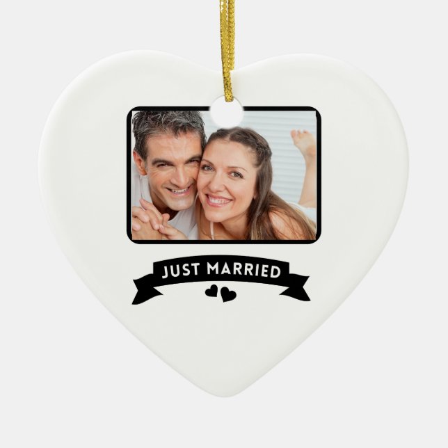 Just Married Custom Wedding Photo Ceramic Ornament (Front)