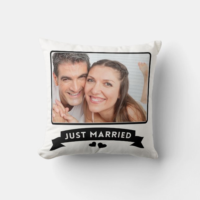 Just Married Custom Wedding Photo Throw Pillow (Front)