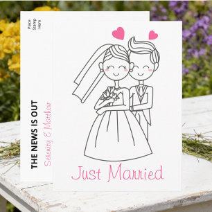 Just Married Cute Cartoon Bride Groom Wedding Announcement Postcard