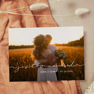 Just married Cute handwritten wedding photo card