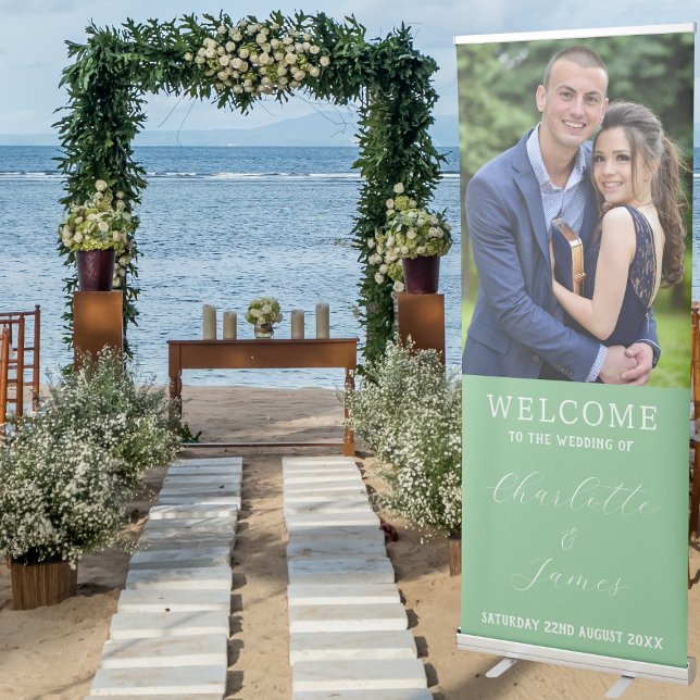 Just Married Cute Newly Weds Photo & Name Wedding Retractable Banner (Beach Wedding)