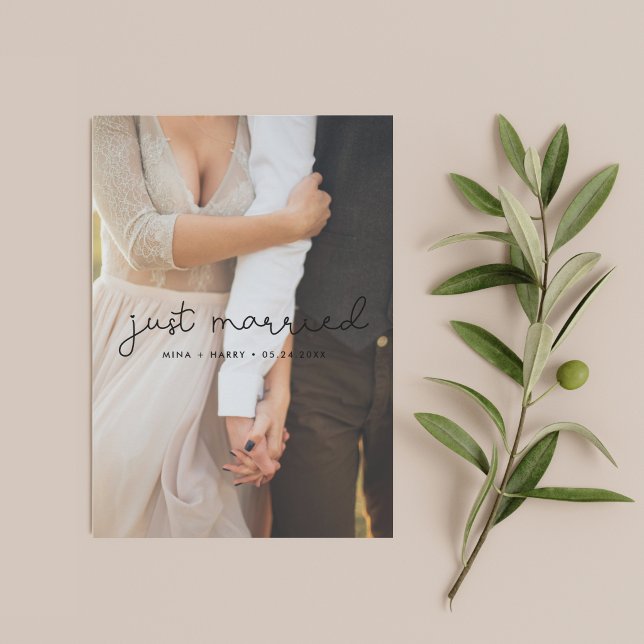 Just married Cute script wedding photo card (Creator Uploaded)