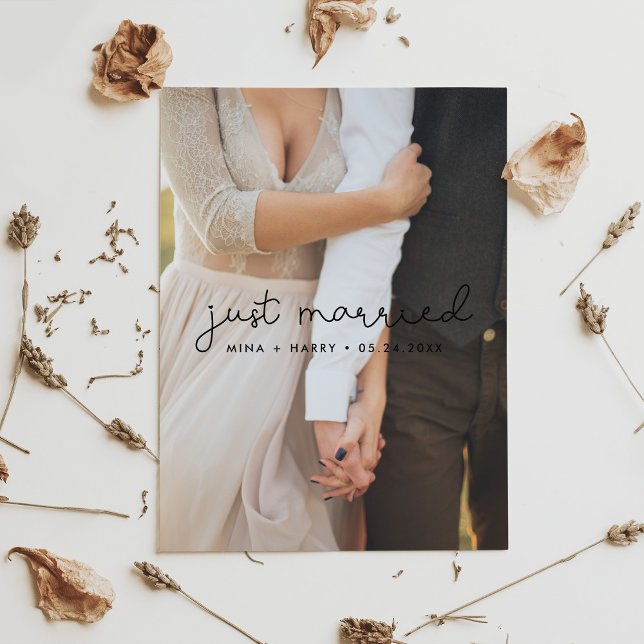 Just married Cute script wedding photo Postcard (Creator Uploaded)