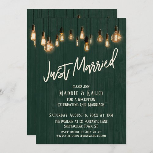 Just Married Dark Green Wood Edison Lights Invitation