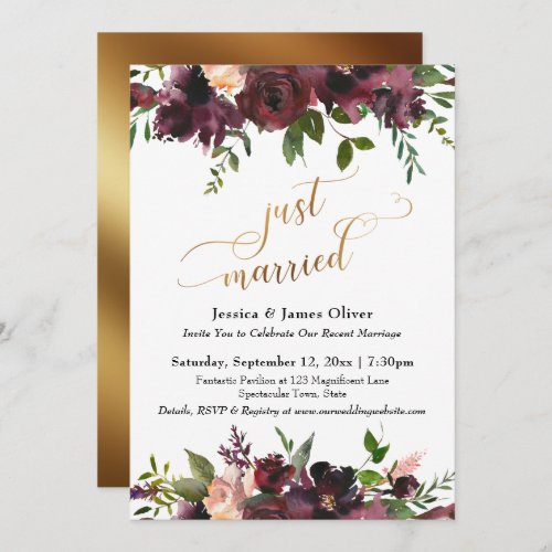 Just Married Deep Red Burgundy Floral Gold Script Invitation