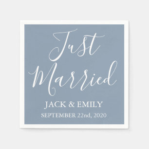 Just Married Dusty Blue and White Napkins