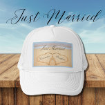 Just Married, Dusty Blue Beach Wedding 2 Heart  Trucker Hat<br><div class="desc">Just Married,  Dusty Blue Beach Wedding 2 Hearts Sand | Her bride's Beach Towel with newlyweds names "Honeymoon vibes",  beach towel.</div>