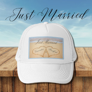Just Married, Dusty Blue Beach Wedding 2 Heart  Trucker Hat