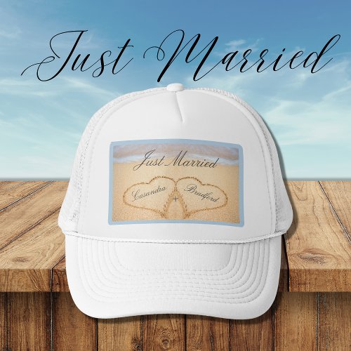 Just Married Dusty Blue Beach Wedding 2 Heart  Trucker Hat