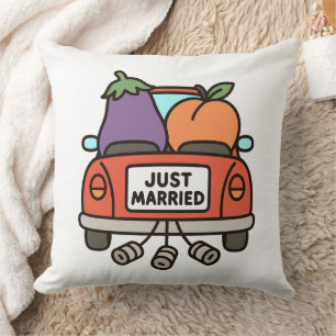 Just Married Eggplant and Peach Throw Pillow