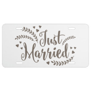 Just married elegant bronze laurel floral Wedding License Plate