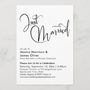 Just Married Elegant Calligraphy in Black & White Invitation