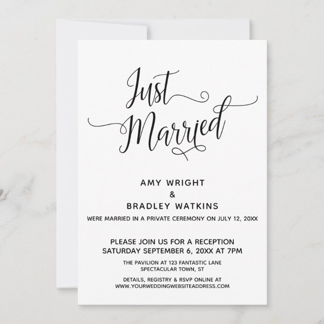 Just Married Elegant Calligraphy Reception-Only Invitation (Front)