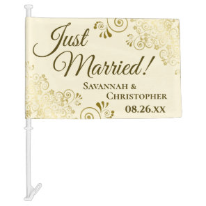 Just Married! Elegant Fancy Gold & Cream Newlyweds Car Flag