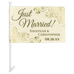 Just Married! Elegant Fancy Gold & Cream Newlyweds Car Flag