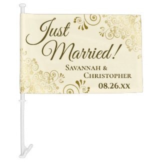 Just Married! Elegant Fancy Gold & Cream Newlyweds Car Flag