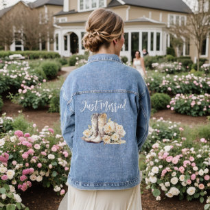 Just Married Elegant Floral Cowgirl Boots Bride Denim Jacket