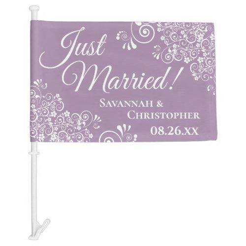 Just Married Elegant Frilly Lavender Newlyweds Car Flag