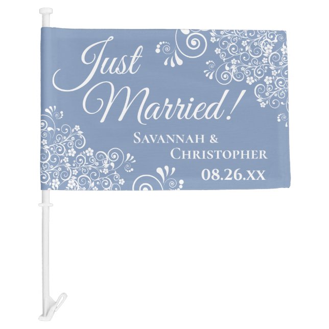 Just Married Elegant Frilly Light Blue Newlyweds Car Flag (Front)
