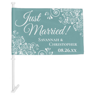 Just Married Elegant Frilly Teal & White Newlyweds Car Flag