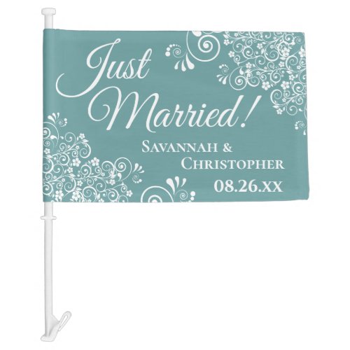Just Married Elegant Frilly Teal  White Newlyweds Car Flag