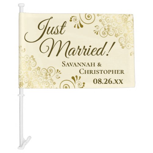 Just Married Elegant Gold Frills Cream Newlyweds Car Flag